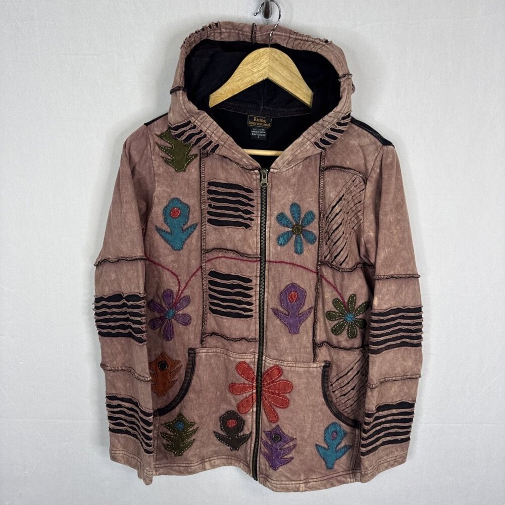 Rising International Boho Patchwork Zip Hoodie Jacket‎ L Nepal Floral Applique